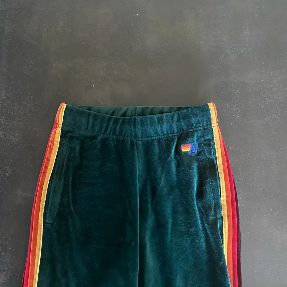 Aviator Nation Velvet Green Pants with Rainbow Stripes - Picture 4 of 5